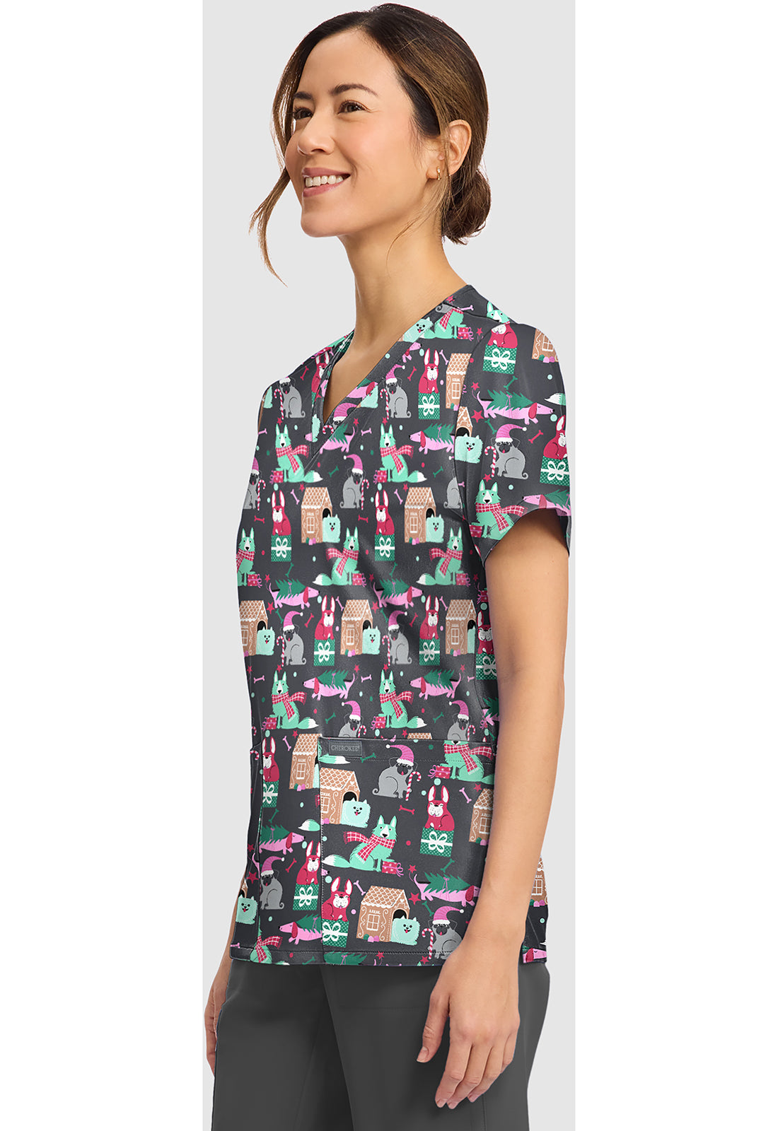 Genuine CK856 Women's Print V-Neck Scrub Top Feliz Naughty Dogs