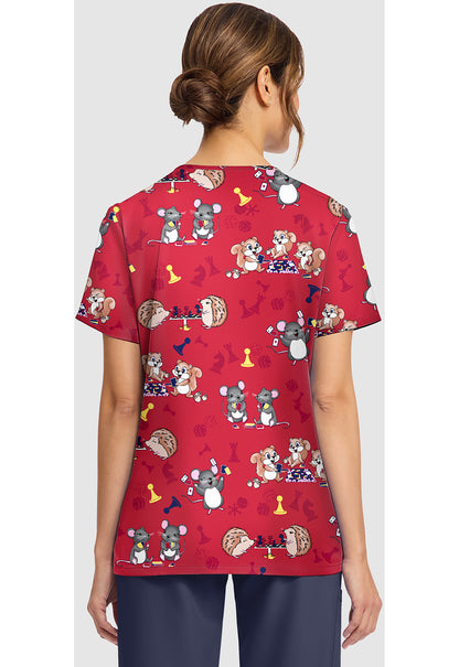 Genuine CK856 Women's Print V-Neck Scrub Top Game Night