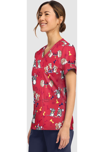 Genuine CK856 Women's Print V-Neck Scrub Top Game Night
