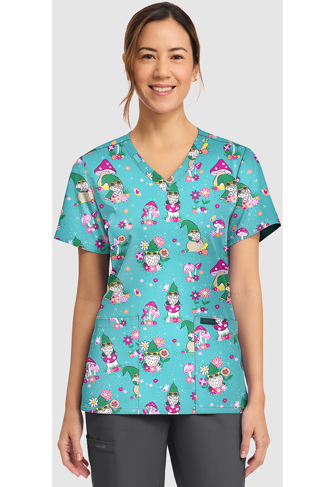 Genuine CK856 Women's Print V-Neck Scrub Top Gnomes At Home