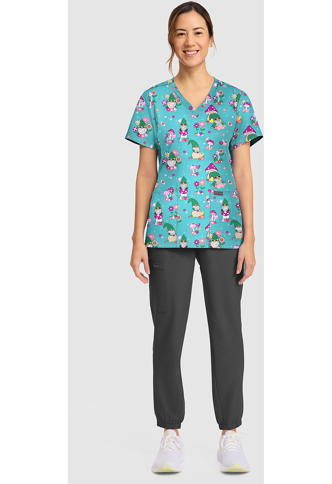 Genuine CK856 Women's Print V-Neck Scrub Top Gnomes At Home