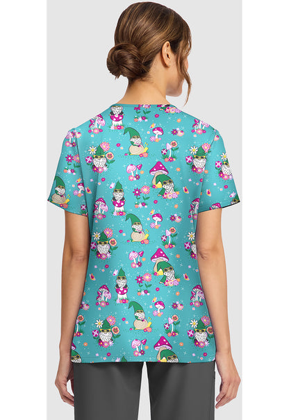 Genuine CK856 Women's Print V-Neck Scrub Top Gnomes At Home
