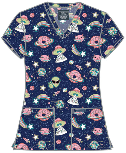Genuine CK856 Women's Print V-Neck Scrub Top Groovy Galaxy