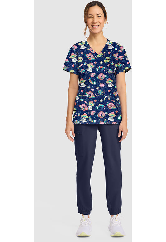 Genuine CK856 Women's Print V-Neck Scrub Top Groovy Galaxy