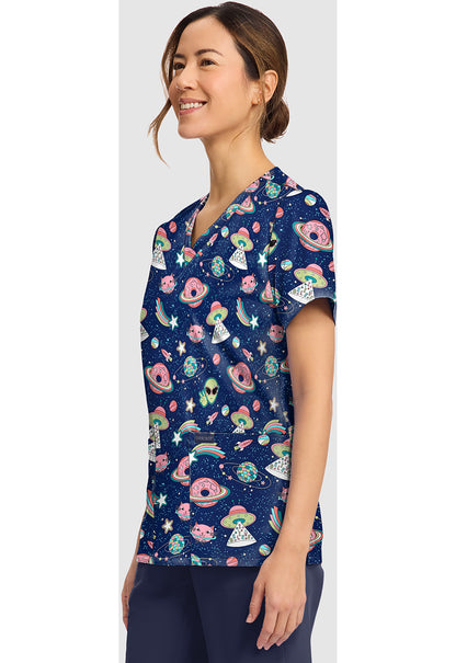 Genuine CK856 Women's Print V-Neck Scrub Top Groovy Galaxy