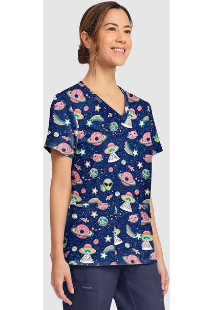 Genuine CK856 Women's Print V-Neck Scrub Top Groovy Galaxy