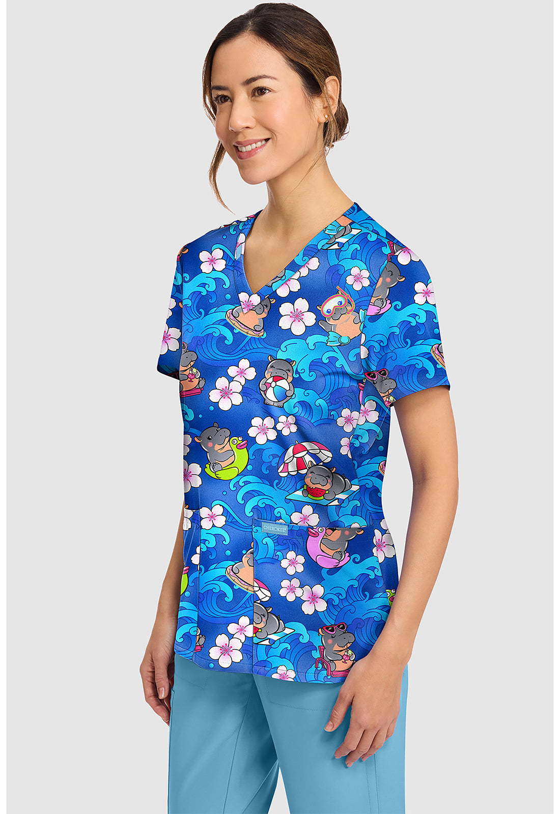 Prints CK856 Women's Print V-Neck Top Hippo Water Mus