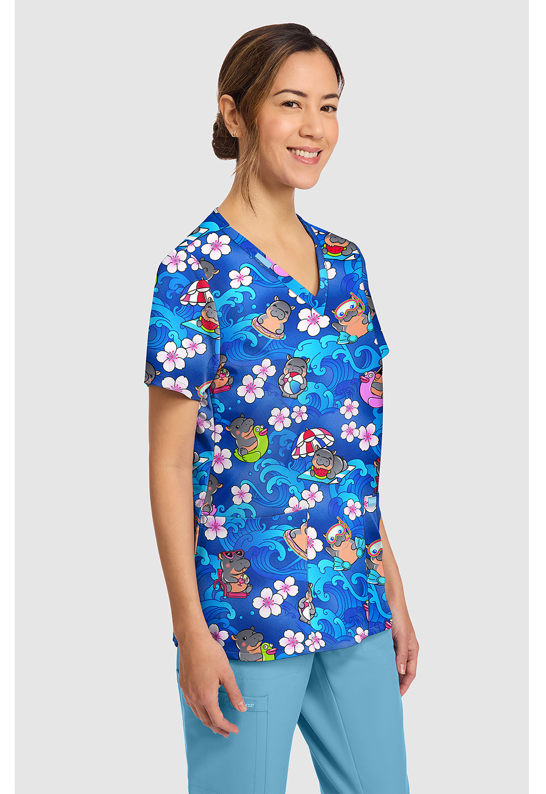 Prints CK856 Women's Print V-Neck Top Hippo Water Mus