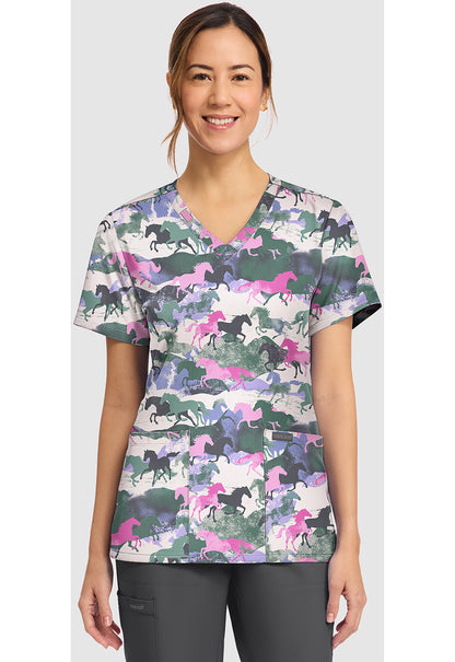 Genuine CK856 Women's Print V-Neck Scrub Top Horse Play
