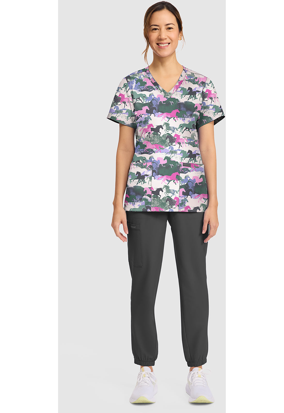 Genuine CK856 Women's Print V-Neck Scrub Top Horse Play