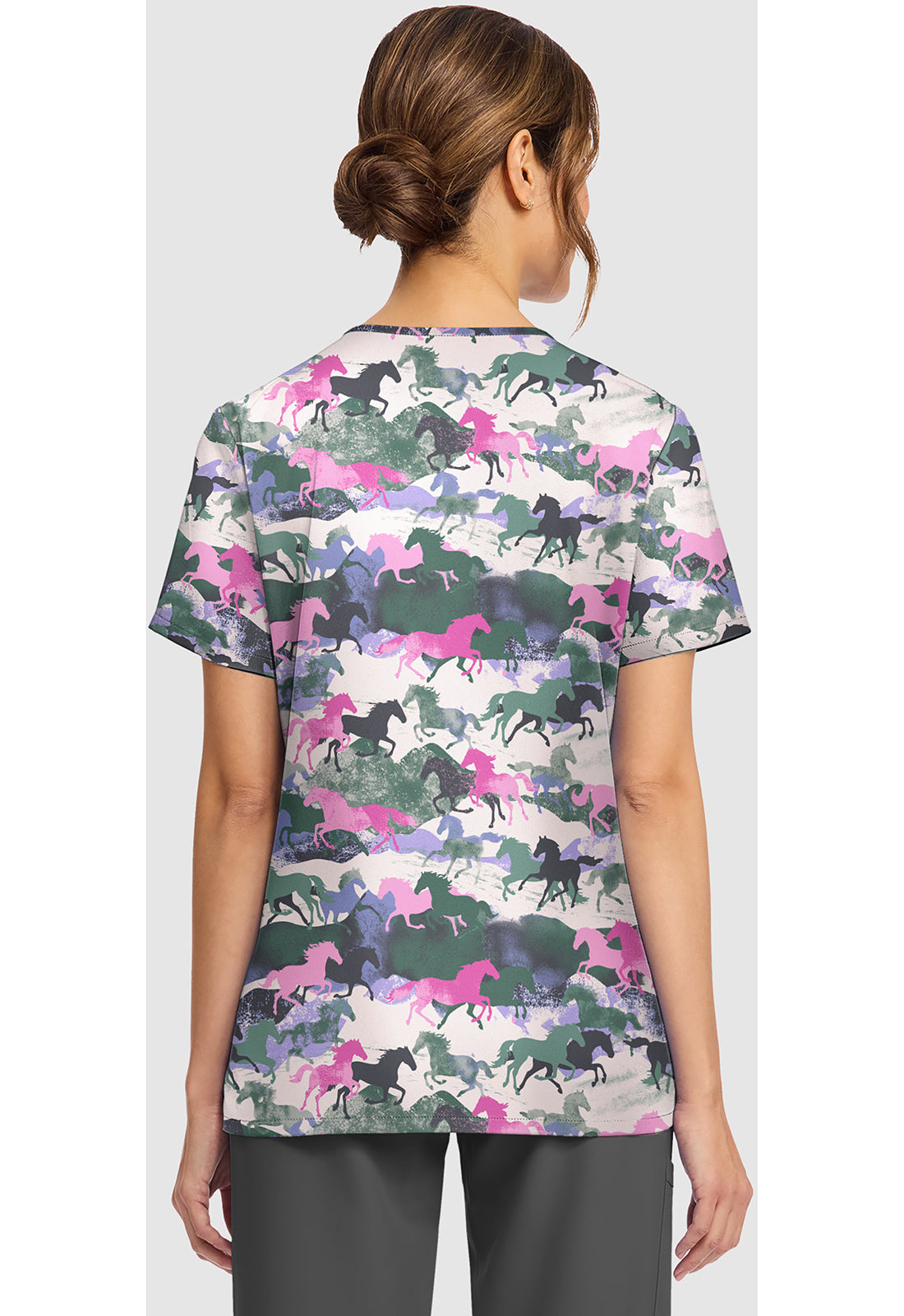 Genuine CK856 Women's Print V-Neck Scrub Top Horse Play