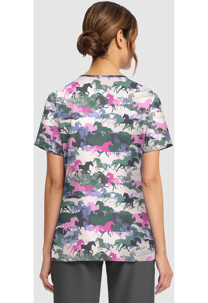 Genuine CK856 Women's Print V-Neck Scrub Top Horse Play