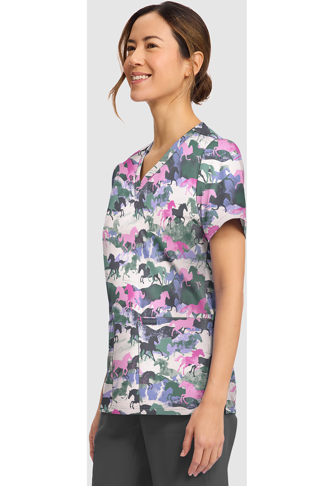 Genuine CK856 Women's Print V-Neck Scrub Top Horse Play