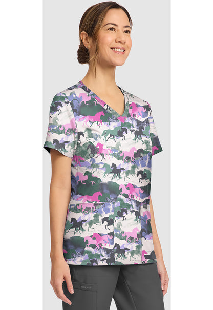 Genuine CK856 Women's Print V-Neck Scrub Top Horse Play