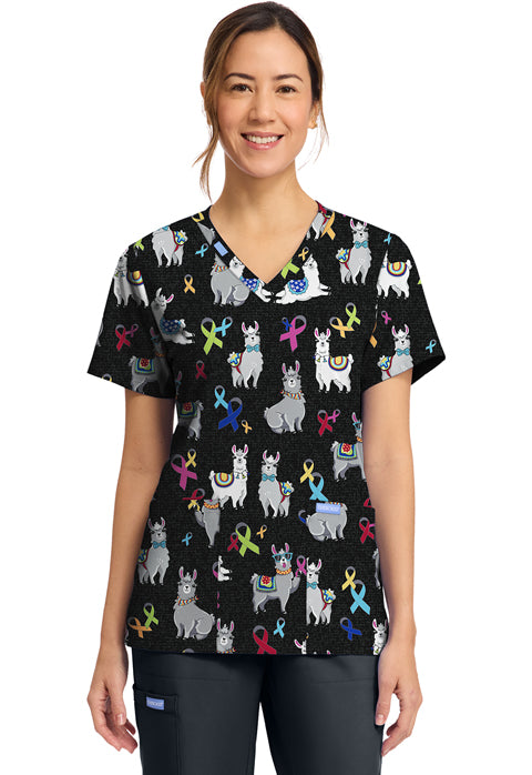 Cherokee Prints CK856 Women's Print V-Neck Top Llama Be Aware