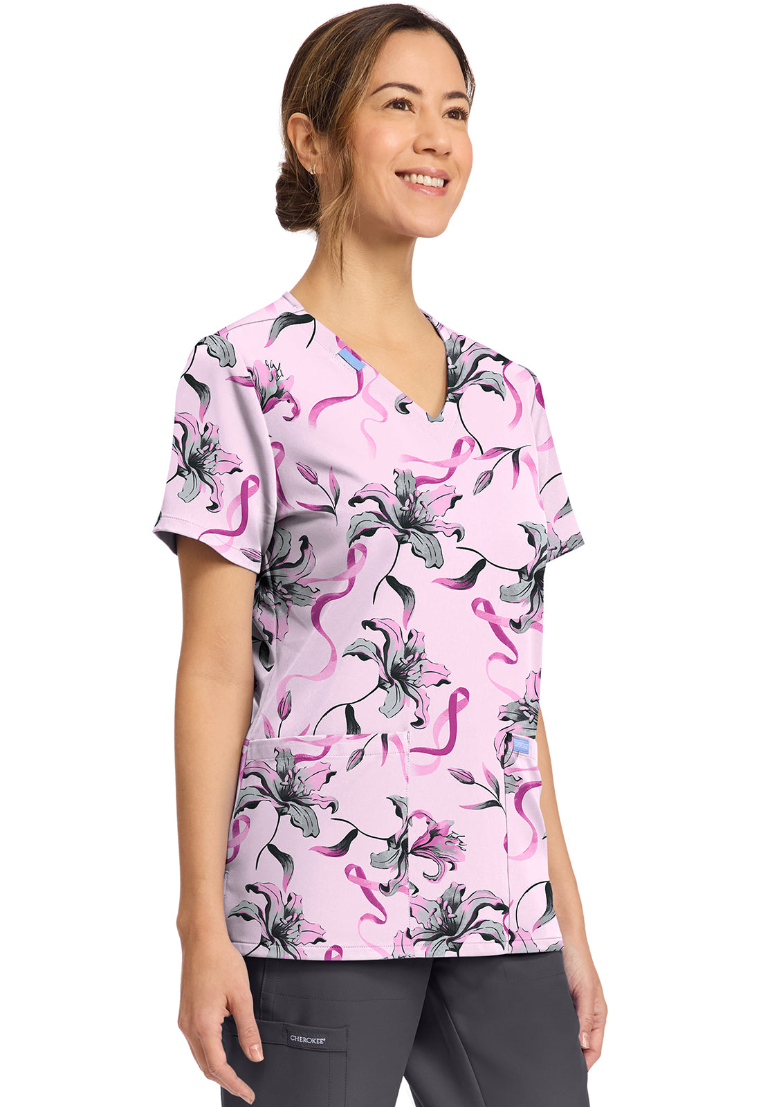 Cherokee Prints CK856 Women's Print V-Neck Top Loving Lilies