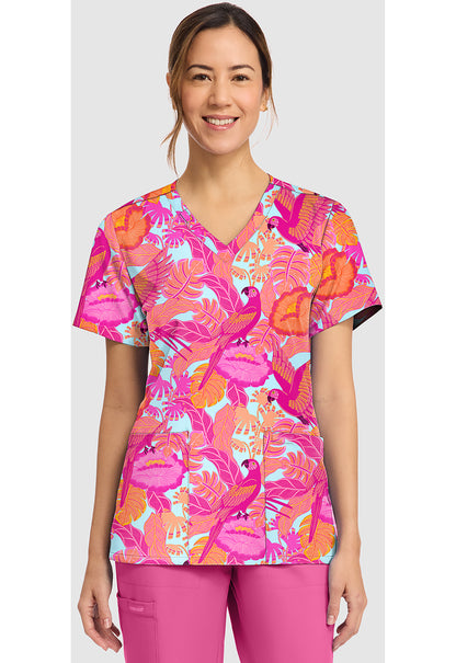 Genuine CK856 Women's Print V-Neck Scrub Top Macaw Mania