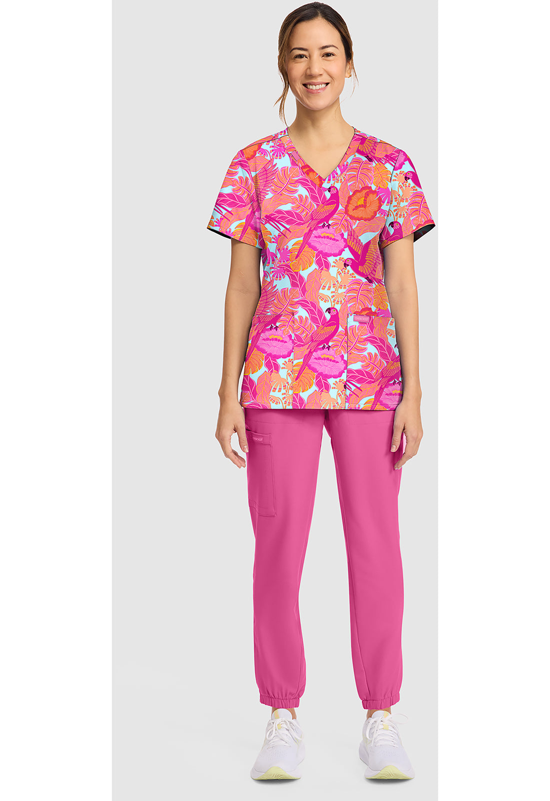 Genuine CK856 Women's Print V-Neck Scrub Top Macaw Mania