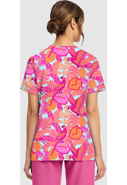 Genuine CK856 Women's Print V-Neck Scrub Top Macaw Mania