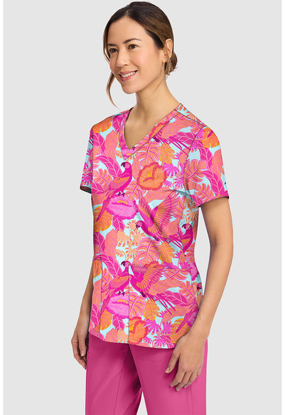 Genuine CK856 Women's Print V-Neck Scrub Top Macaw Mania