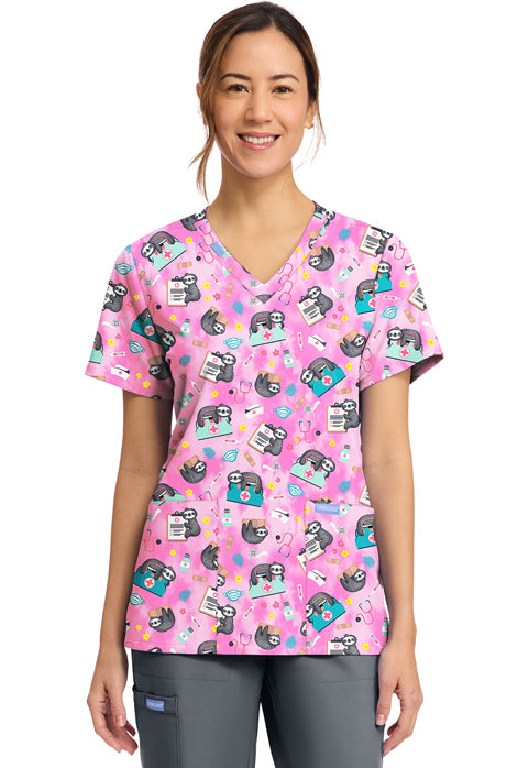 Cherokee Prints CK856 Women's Print V-Neck Top Nurse Sloth