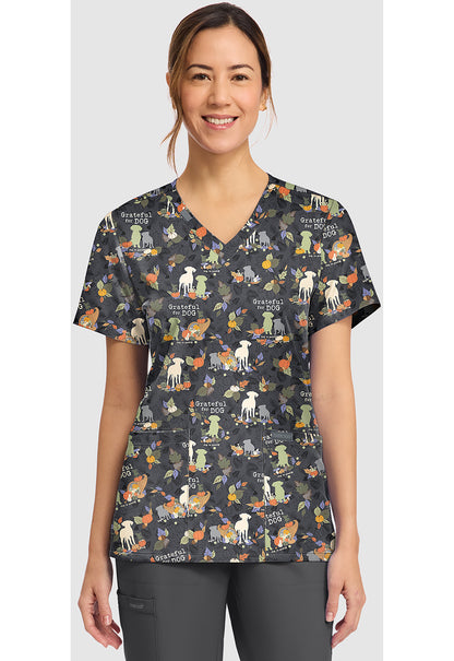 Genuine CK856 Women's Print V-Neck Scrub Top Grateful For Dog