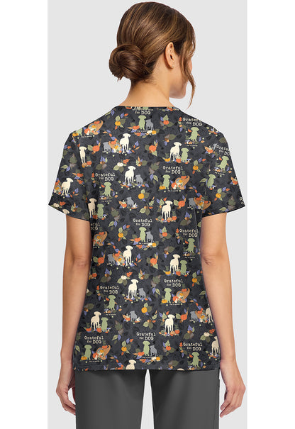 Genuine CK856 Women's Print V-Neck Scrub Top Grateful For Dog