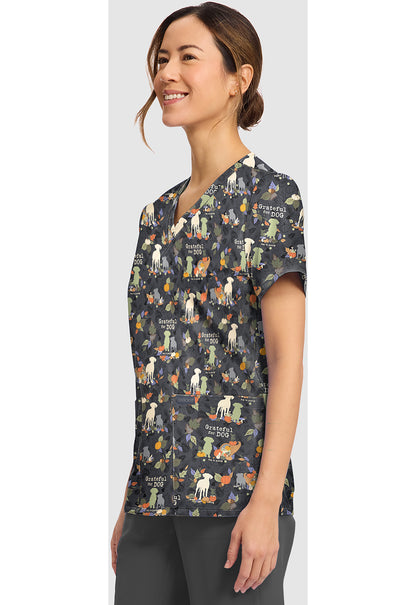Genuine CK856 Women's Print V-Neck Scrub Top Grateful For Dog