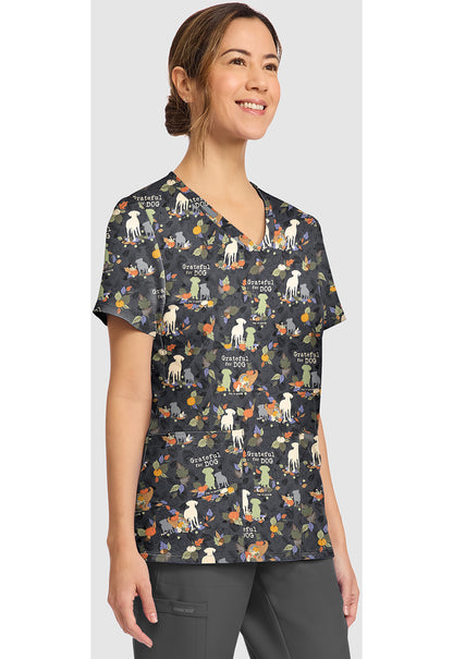 Genuine CK856 Women's Print V-Neck Scrub Top Grateful For Dog