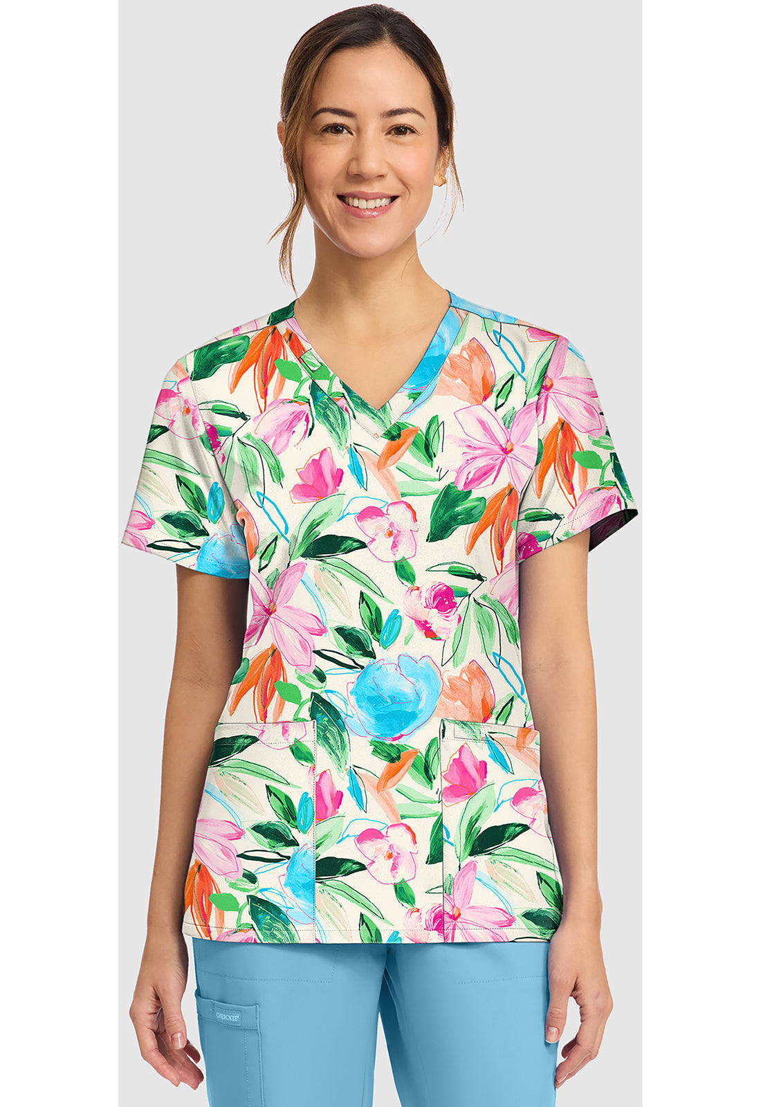 Prints CK856 Women's Print V-Neck Top Painterly Floral