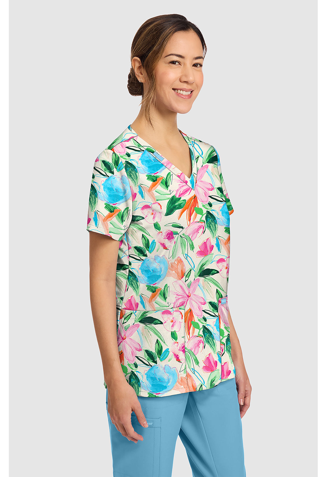 Prints CK856 Women's Print V-Neck Top Painterly Floral