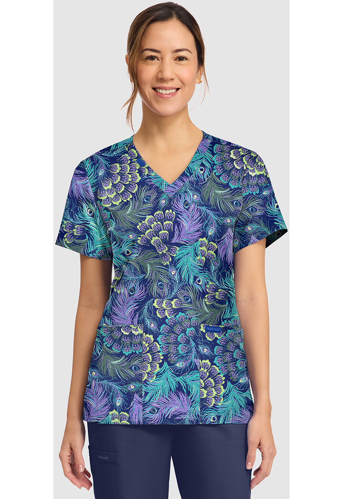 Genuine CK856 Women's Print V-Neck Scrub Top Pretty Peacock