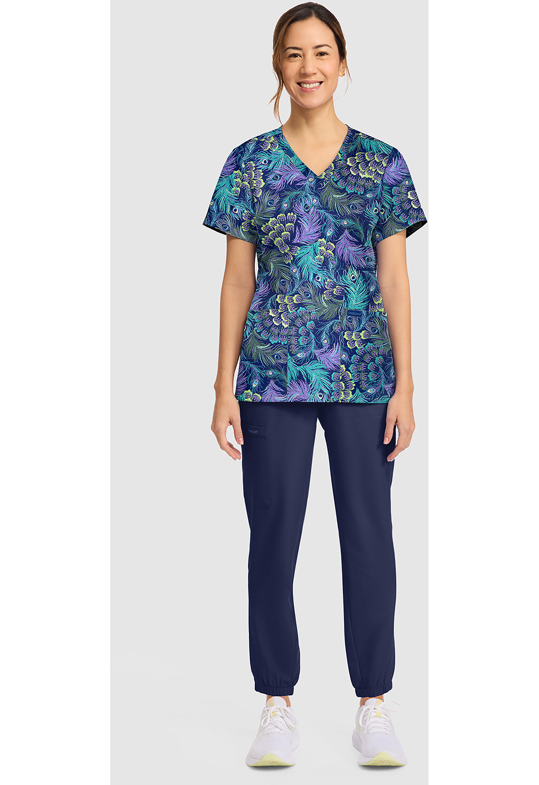 Genuine CK856 Women's Print V-Neck Scrub Top Pretty Peacock