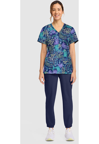 Genuine CK856 Women's Print V-Neck Scrub Top Pretty Peacock