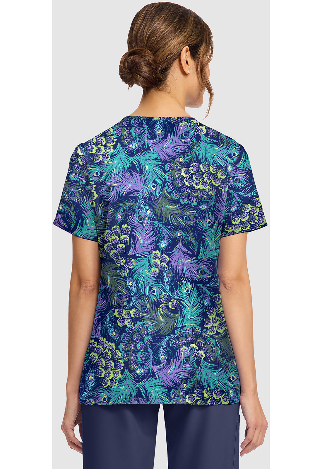 Genuine CK856 Women's Print V-Neck Scrub Top Pretty Peacock