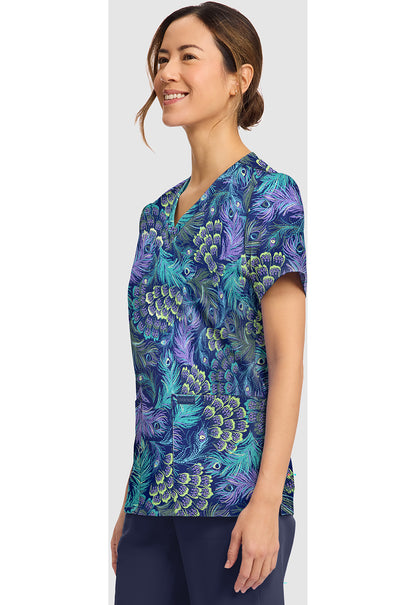Genuine CK856 Women's Print V-Neck Scrub Top Pretty Peacock