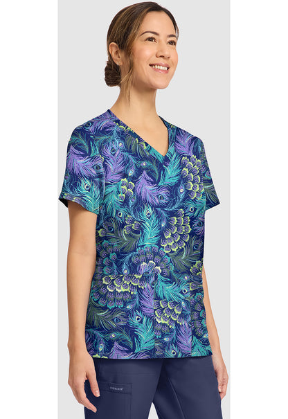 Genuine CK856 Women's Print V-Neck Scrub Top Pretty Peacock