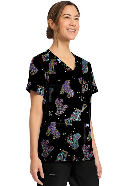Cherokee Prints CK856 Women's Print V-Neck Top Roller Disco