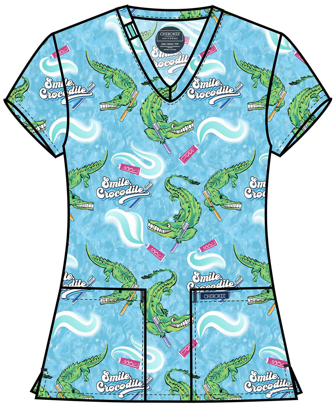 Genuine CK856 Women's Print V-Neck Scrub Top Smile Crocodile