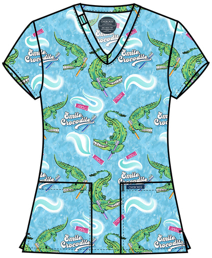 Genuine CK856 Women's Print V-Neck Scrub Top Smile Crocodile