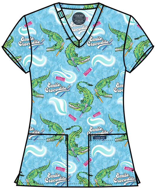 Genuine CK856 Women's Print V-Neck Scrub Top Smile Crocodile