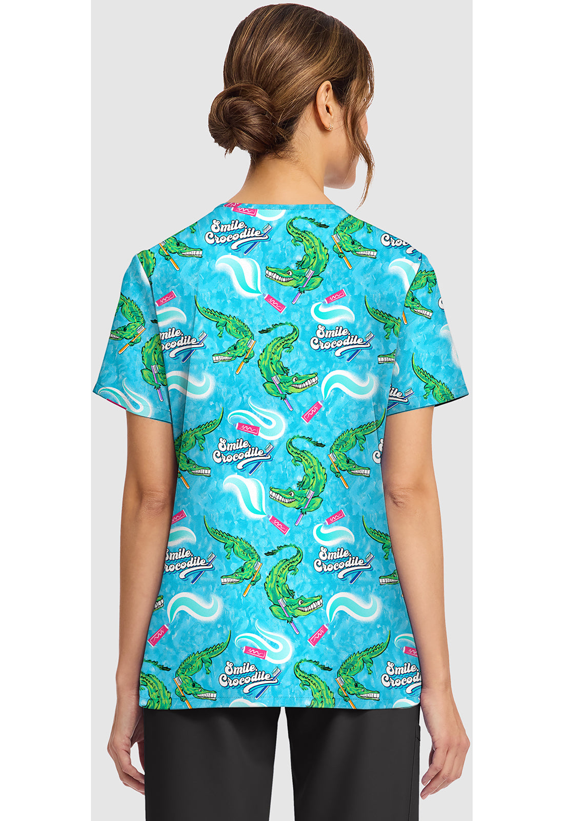 Genuine CK856 Women's Print V-Neck Scrub Top Smile Crocodile