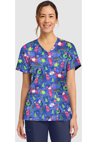 Genuine CK856 Women's Print V-Neck Scrub Top Santa Claws