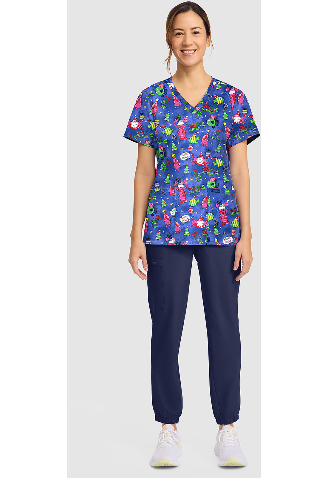 Genuine CK856 Women's Print V-Neck Scrub Top Santa Claws