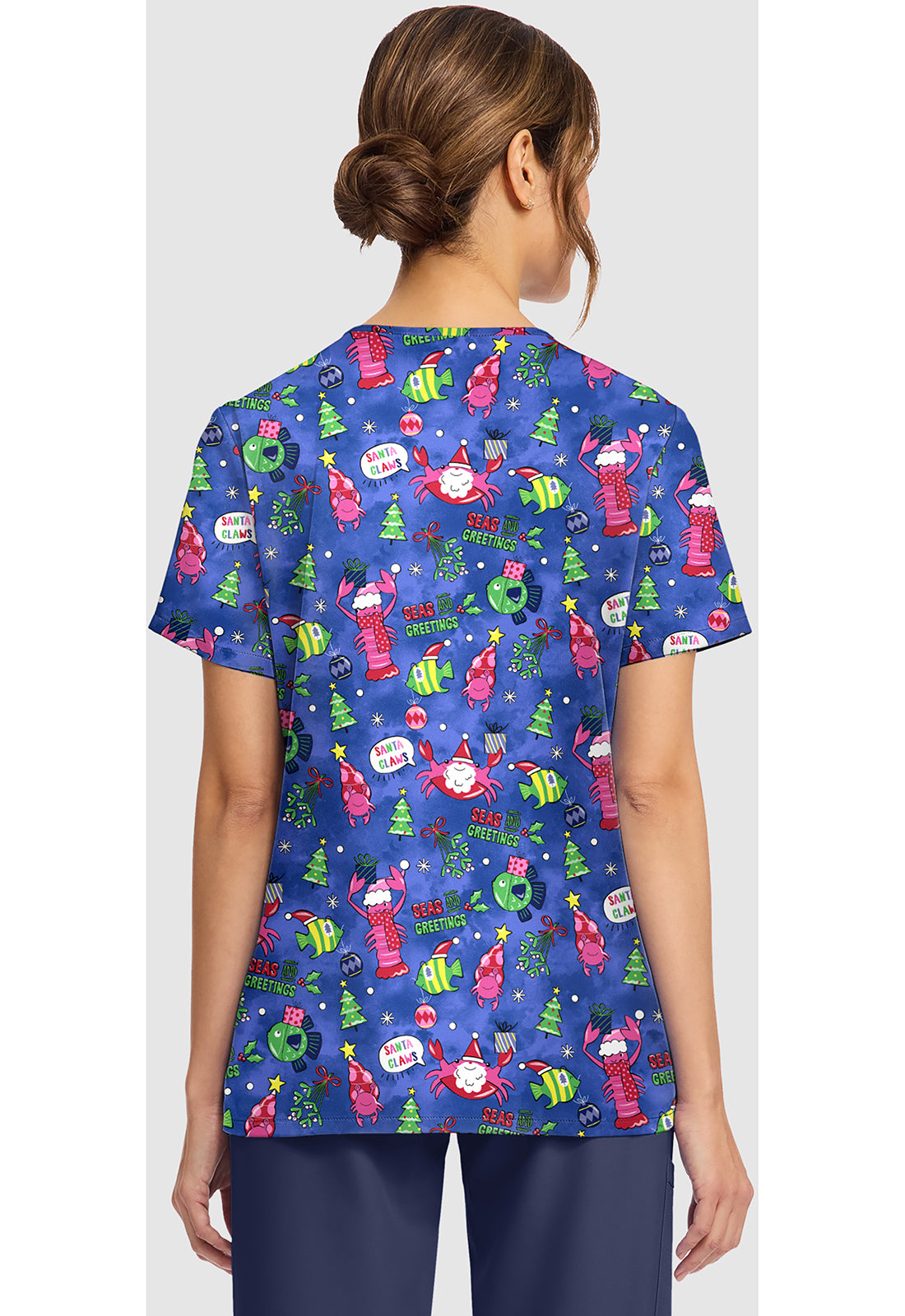 Genuine CK856 Women's Print V-Neck Scrub Top Santa Claws