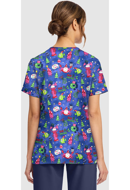 Genuine CK856 Women's Print V-Neck Scrub Top Santa Claws