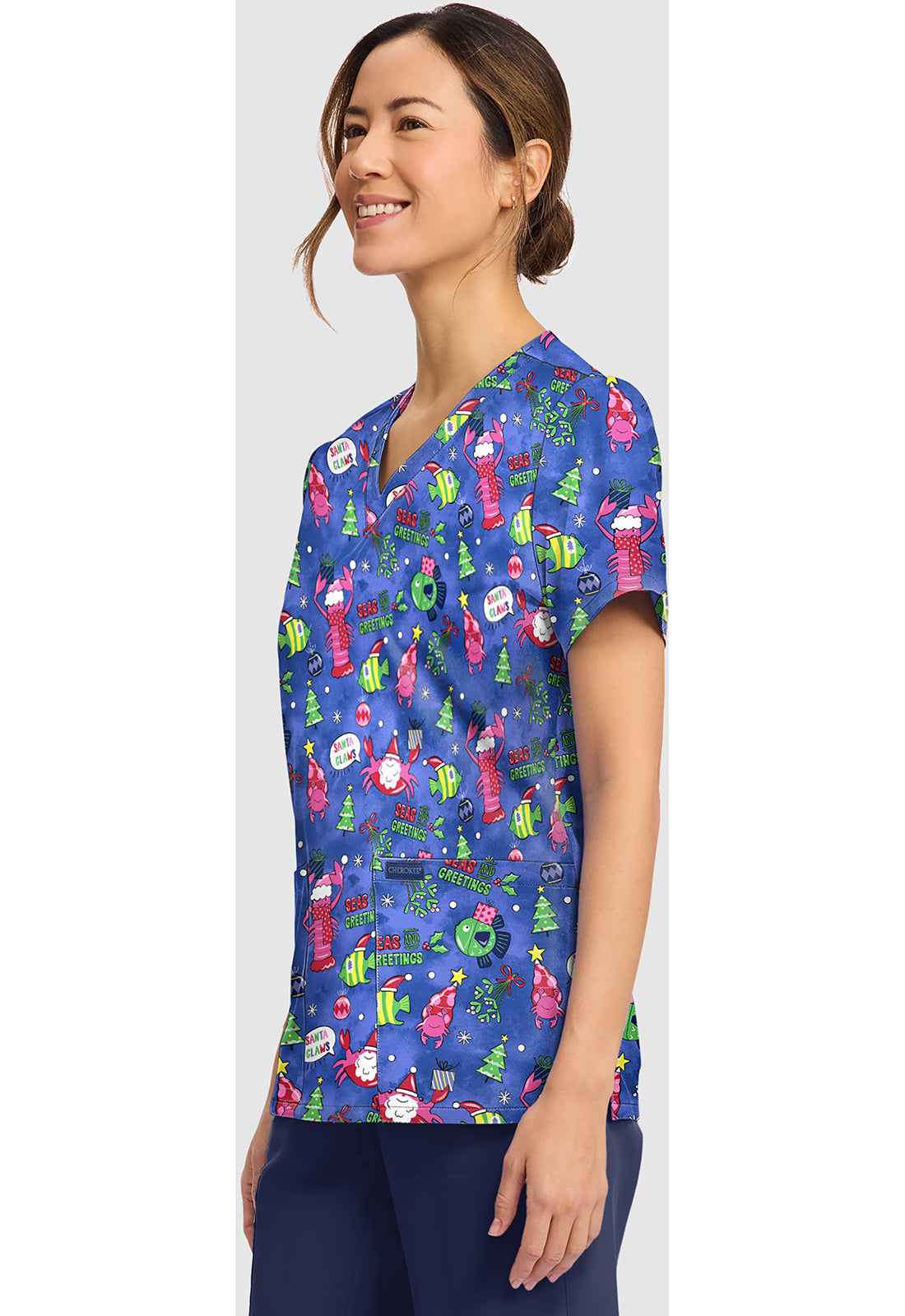 Genuine CK856 Women's Print V-Neck Scrub Top Santa Claws