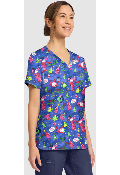 Genuine CK856 Women's Print V-Neck Scrub Top Santa Claws