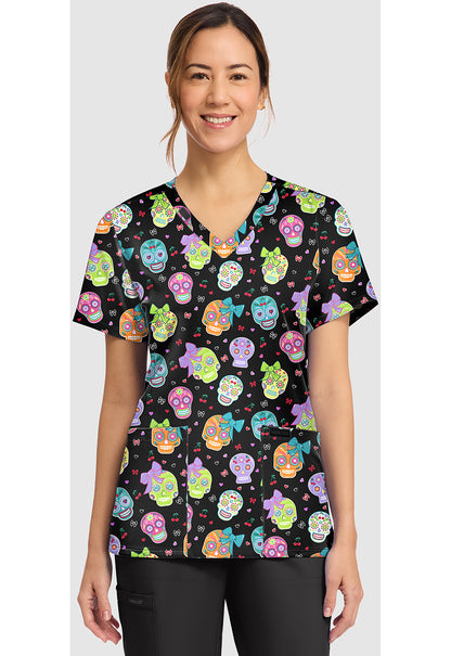 Genuine CK856 Women's Print V-Neck Scrub Top Sweety Skull