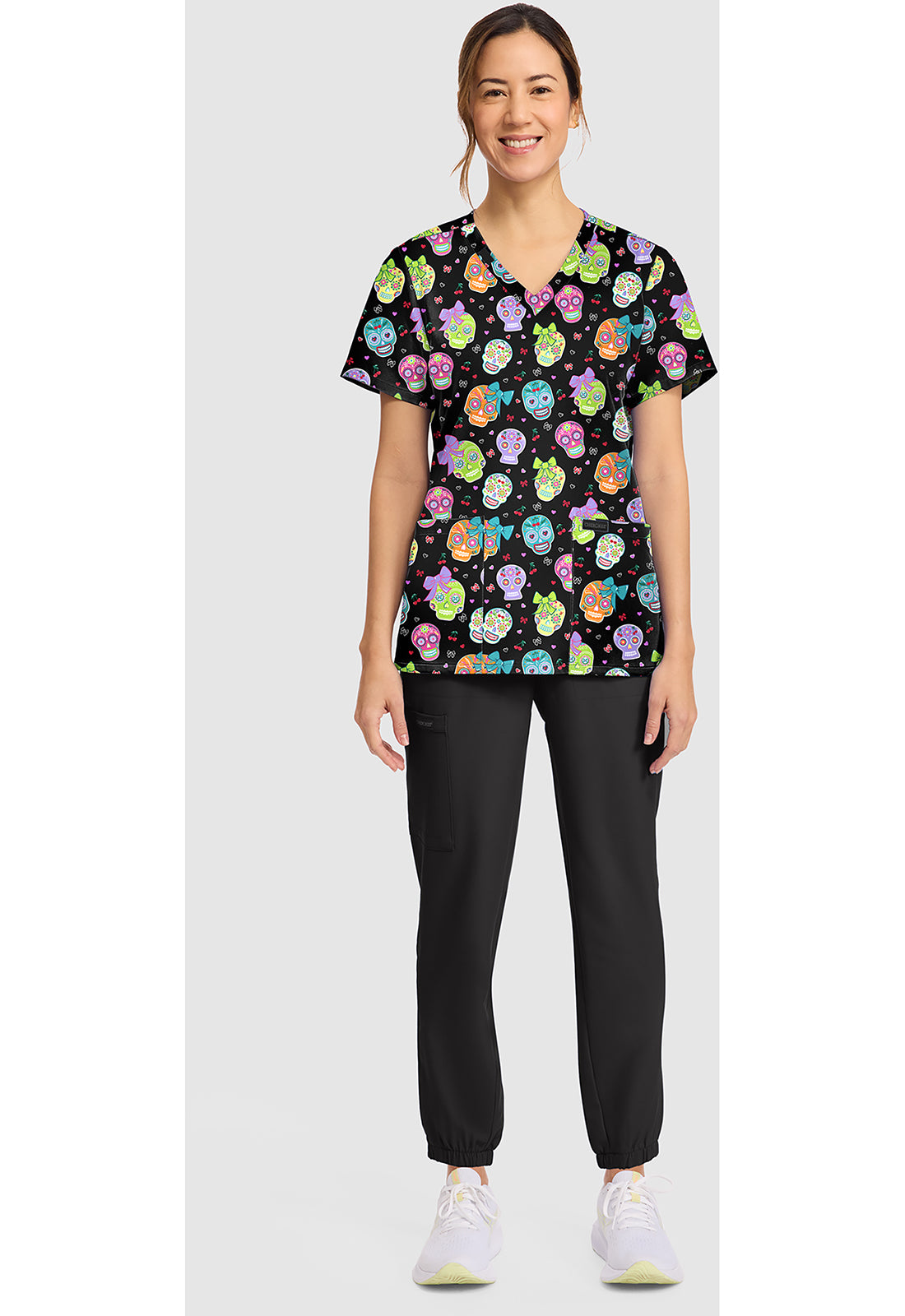 Genuine CK856 Women's Print V-Neck Scrub Top Sweety Skull